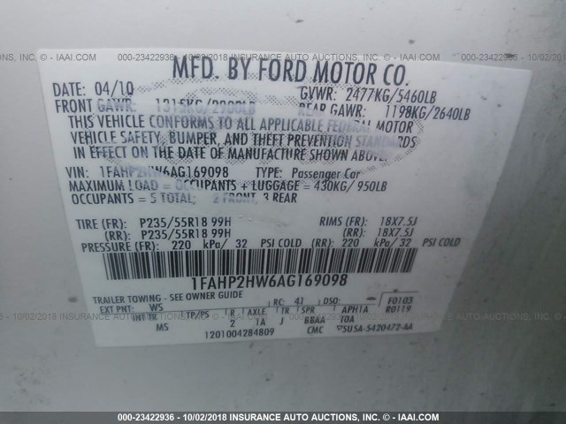 1FAHP2HW6AG169098 - 2010 FORD TAURUS SEL WHITE photo 9