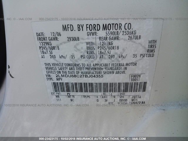 2LMDU88C27BJ04355 - 2007 LINCOLN MKX WHITE photo 9