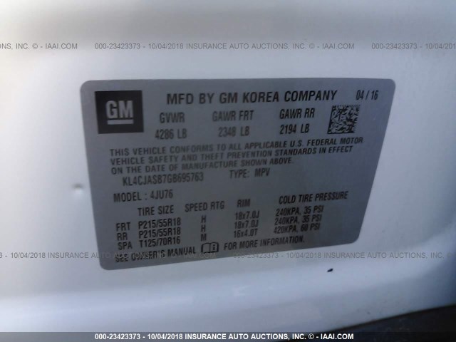 KL4CJASB7GB695763 - 2016 BUICK ENCORE WHITE photo 9