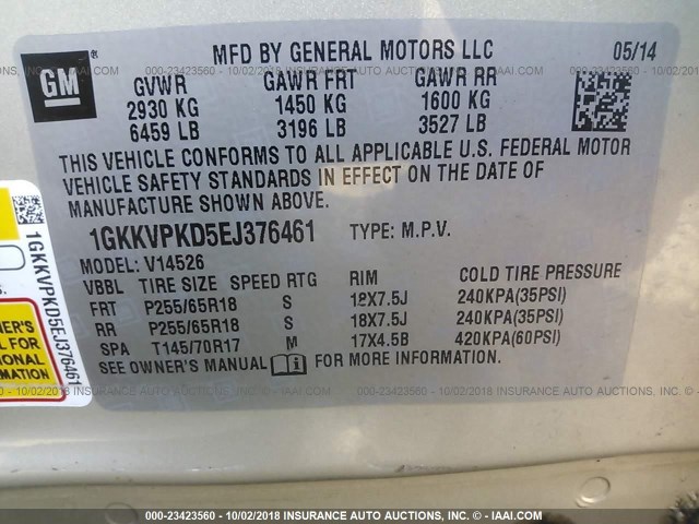 1GKKVPKD5EJ376461 - 2014 GMC ACADIA SLE TAN photo 9