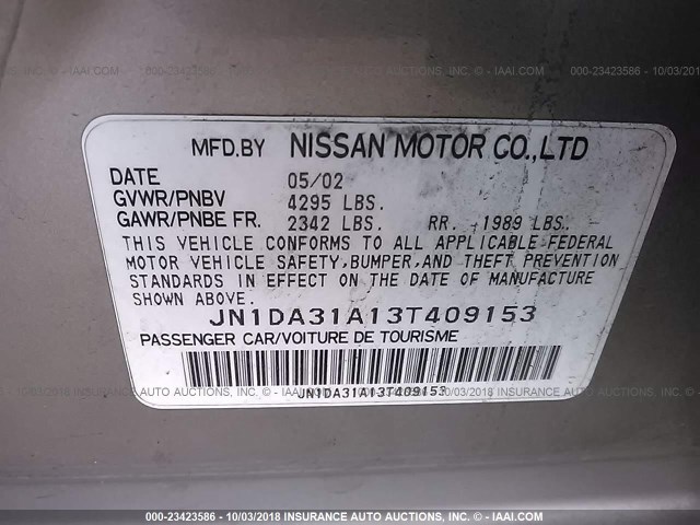 JN1DA31A13T409153 - 2003 NISSAN MAXIMA GLE/SE GRAY photo 9