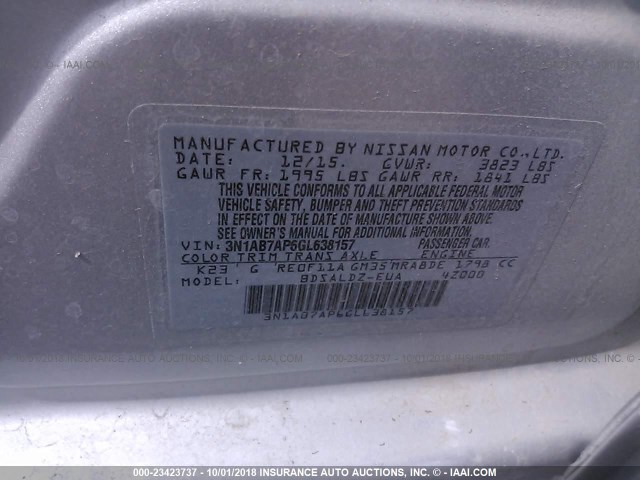 3N1AB7AP6GL638157 - 2016 NISSAN SENTRA S/SV/SR/SL SILVER photo 9