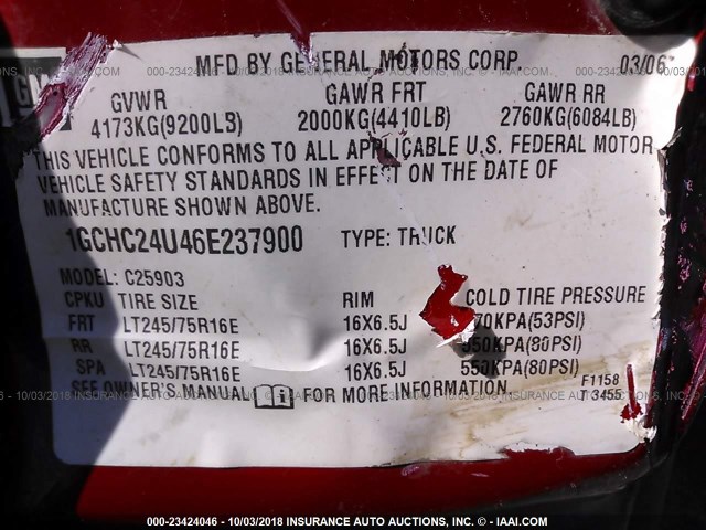 1GCHC24U46E237900 - 2006 CHEVROLET SILVERADO C2500 HEAVY DUTY RED photo 9