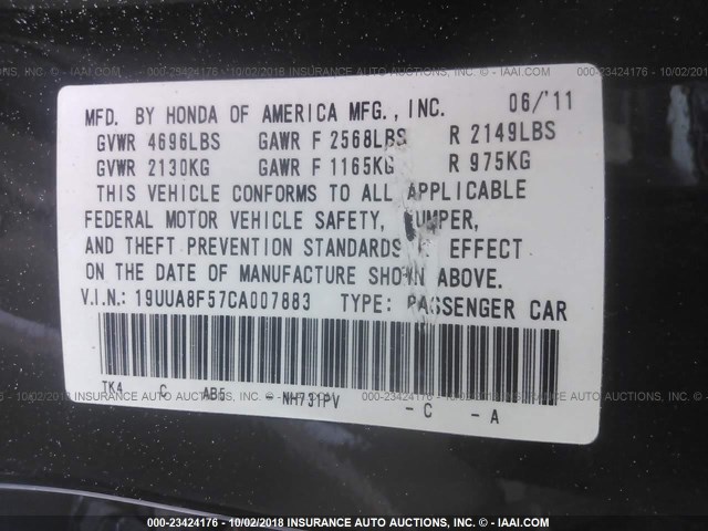 19UUA8F57CA007883 - 2012 ACURA TL BLACK photo 9