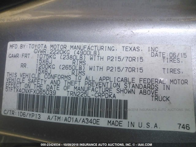 5TFTX4CNXFX065039 - 2015 TOYOTA TACOMA ACCESS CAB ვერცხლისფერი ფოტო 9