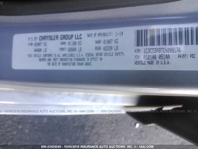 1C3CCBAB7EN209170 - 2014 CHRYSLER 200 LX SILVER photo 9