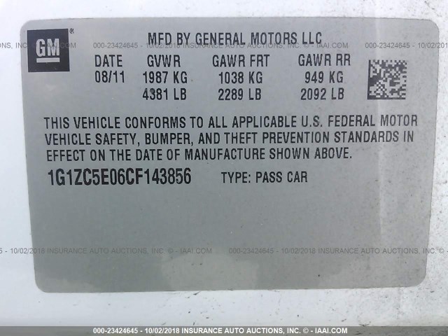 1G1ZC5E06CF143856 - 2012 CHEVROLET MALIBU 1LT WHITE photo 9