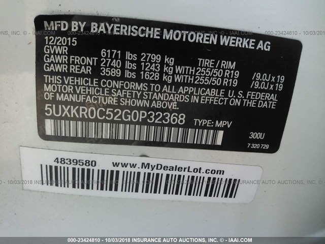 5UXKR0C52G0P32368 - 2016 BMW X5 XDRIVE35I WHITE photo 9
