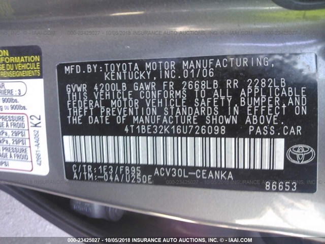 4T1BE32K16U726098 - 2006 TOYOTA CAMRY LE/XLE/SE GRAY photo 9