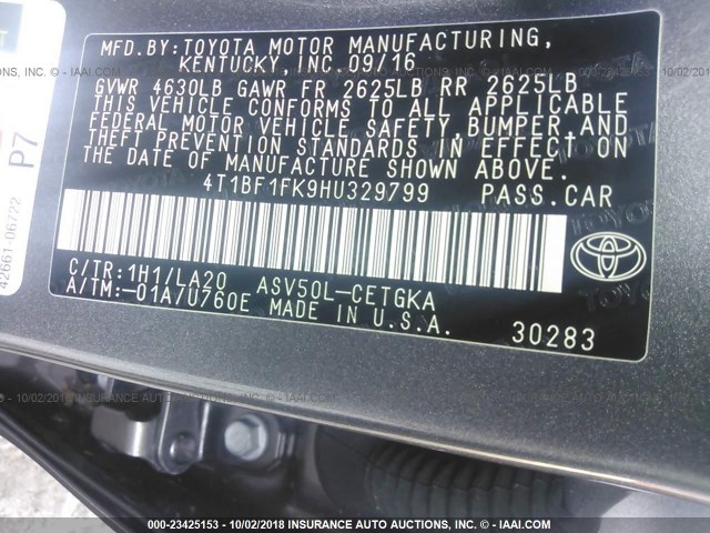 4T1BF1FK9HU329799 - 2017 TOYOTA CAMRY LE/XLE/SE/XSE GRAY photo 9