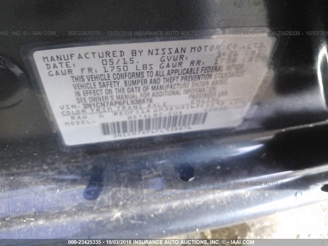 3N1CN7AP6FL938876 - 2015 NISSAN VERSA S/S PLUS/SV/SL BLUE photo 9