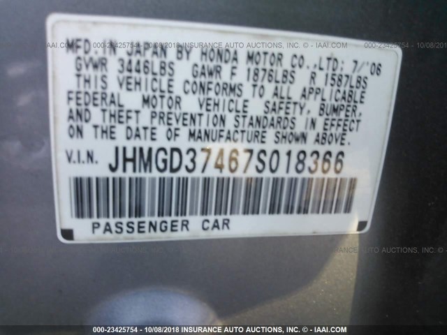 JHMGD37467S018366 - 2007 HONDA FIT GRAY photo 9