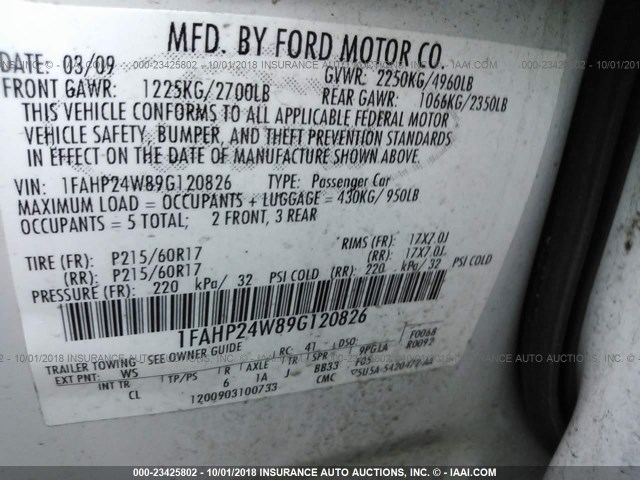 1FAHP24W89G120826 - 2009 FORD TAURUS SEL WHITE photo 9