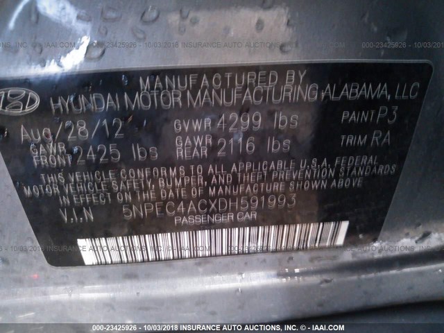 5NPEC4ACXDH591993 - 2013 HYUNDAI SONATA SE/LIMITED GRAY photo 9