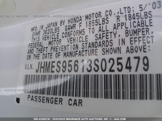 JHMES95613S025479 - 2003 HONDA CIVIC HYBRID WHITE photo 9