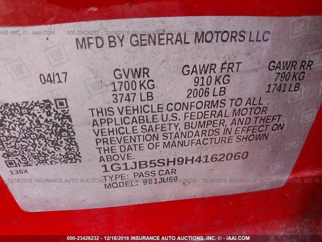 1G1JB5SH9H4162060 - 2017 CHEVROLET SONIC LS RED photo 9