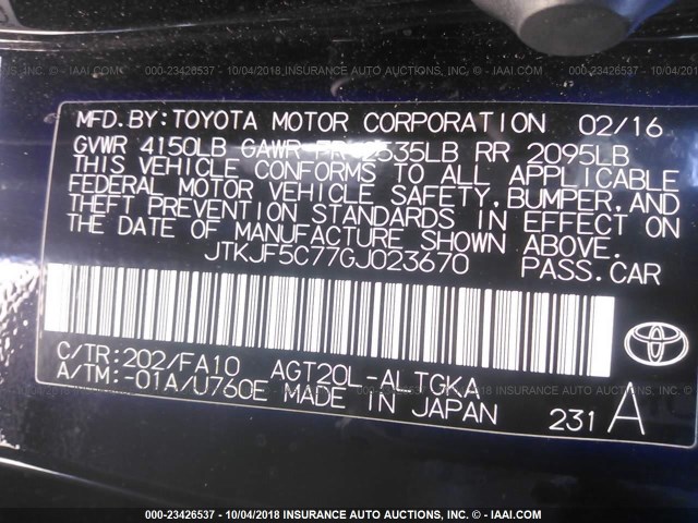 JTKJF5C77GJ023670 - 2016 TOYOTA SCION TC 黑色 照片 9