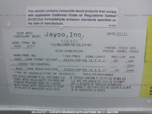 1UJBJ0BR7B1DL0140 - 2011 JAYCO OTHER  WHITE photo 9