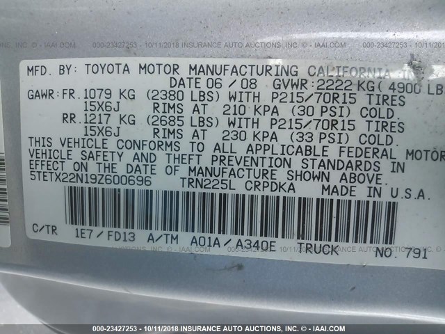 5TETX22N19Z600696 - 2009 TOYOTA TACOMA ACCESS CAB ვერცხლისფერი ფოტო 9