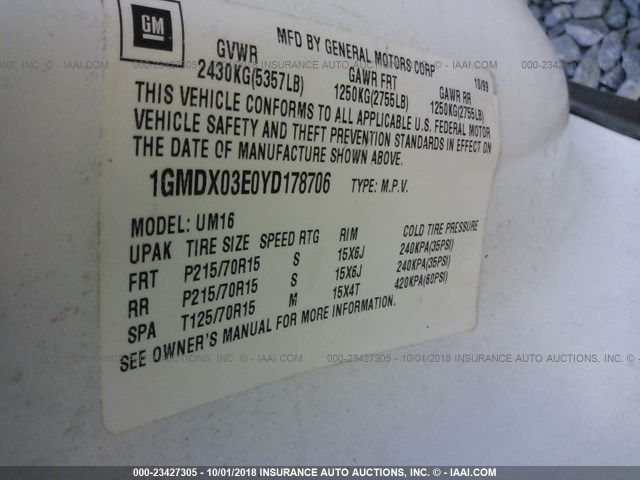 1GMDX03E0YD178706 - 2000 PONTIAC MONTANA WHITE photo 9