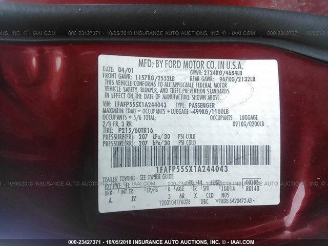 1FAFP55SX1A244043 - 2001 FORD TAURUS SES BURGUNDY photo 9