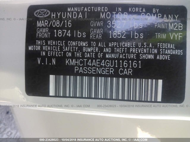 KMHCT4AE4GU116161 - 2016 HYUNDAI ACCENT SE WHITE photo 9