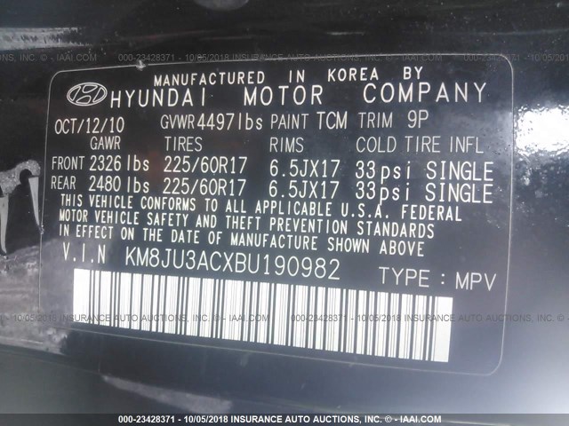 KM8JU3ACXBU190982 - 2011 HYUNDAI TUCSON GLS/LIMITED შავი ფოტო 9