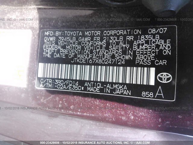 JTKDE167X80247124 - 2008 TOYOTA SCION TC PURPLE photo 9