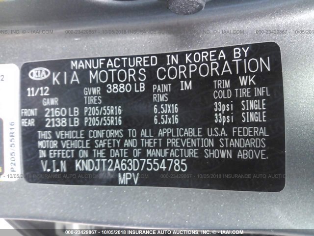 KNDJT2A63D7554785 - 2013 KIA SOUL +/!/SPORT GRAY photo 9