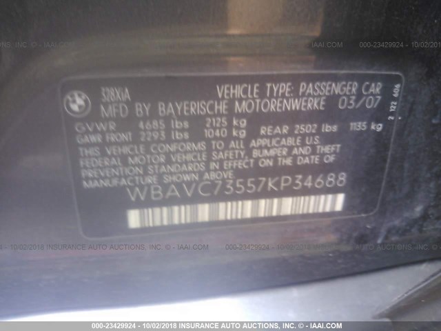 WBAVC73557KP34688 - 2007 BMW 328 XI SULEV GRAY photo 9