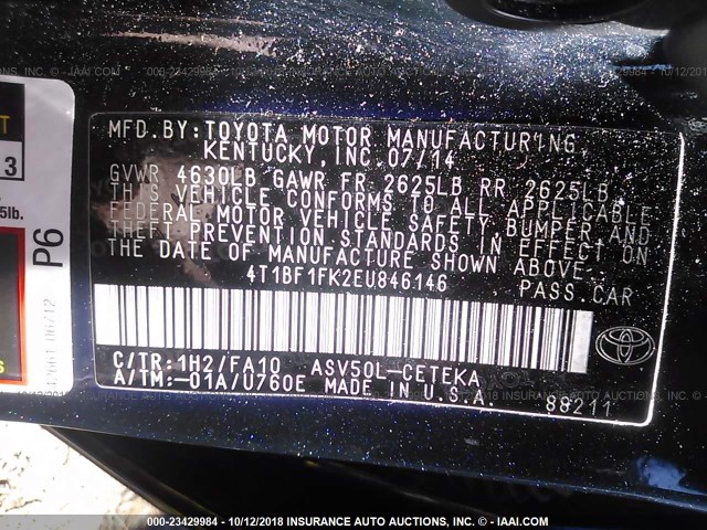4T1BF1FK2EU846146 - 2014 TOYOTA CAMRY L/SE/LE/XLE 黑色 照片 9