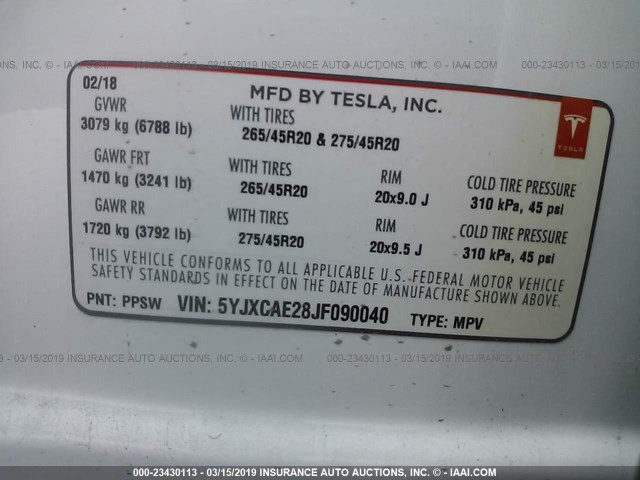 5YJXCAE28JF090040 - 2018 TESLA MODEL X WHITE photo 9