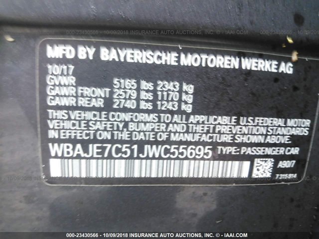 WBAJE7C51JWC55695 - 2018 BMW 540 XI GRAY photo 9