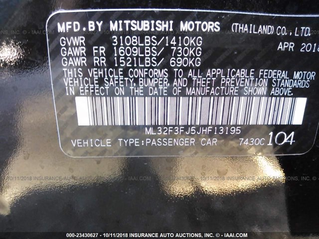 ML32F3FJ5JHF13195 - 2018 MITSUBISHI MIRAGE G4 ES Қара фото 9