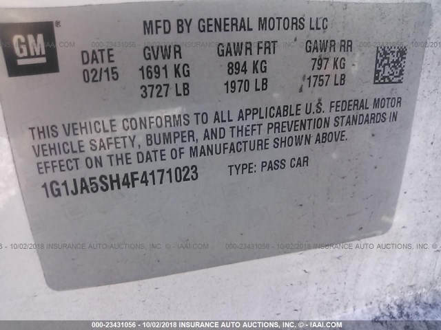 1G1JA5SH4F4171023 - 2015 CHEVROLET SONIC LS 白色 照片 9