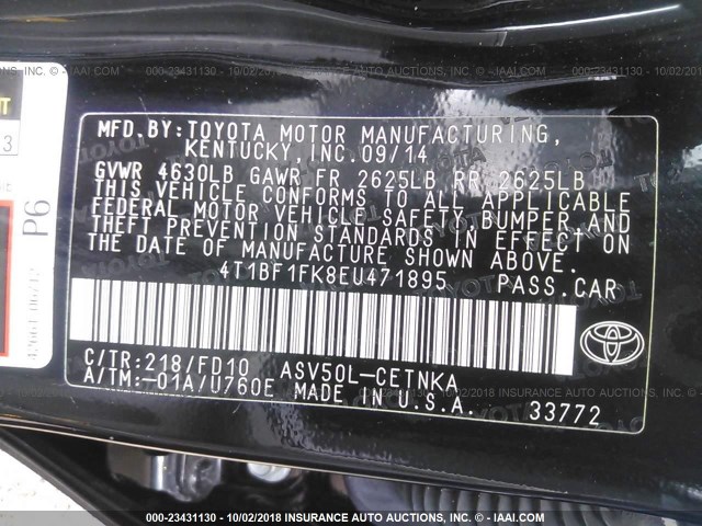 4T1BF1FK8EU471895 - 2014 TOYOTA CAMRY L/SE/LE/XLE 黑色 照片 9