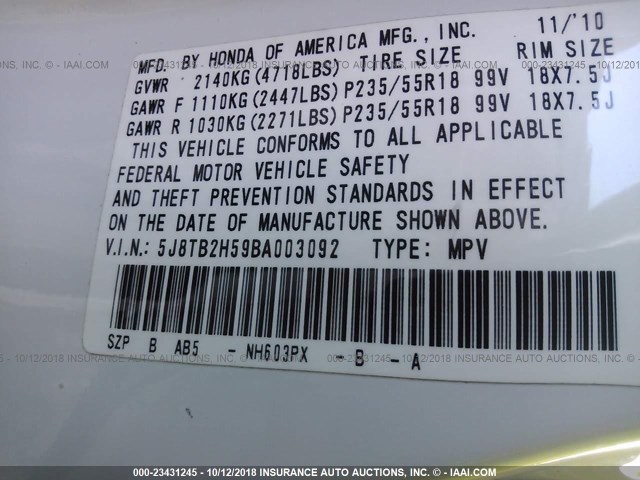 5J8TB2H59BA003092 - 2011 ACURA RDX TECHNOLOGY WHITE photo 9