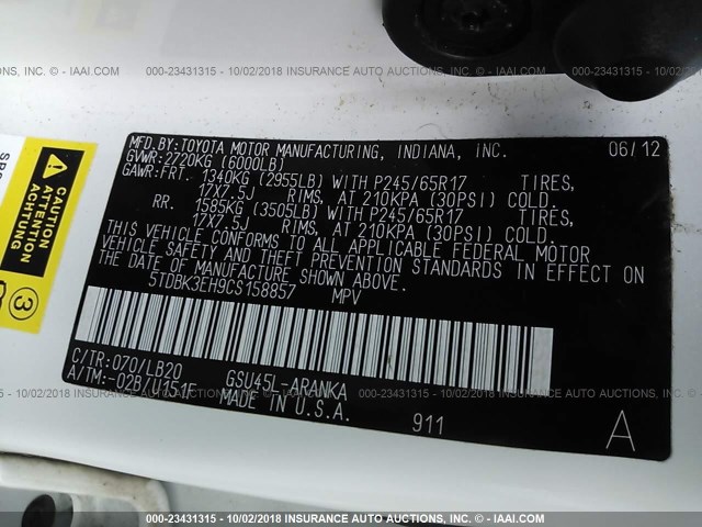 5TDBK3EH9CS158857 - 2012 TOYOTA HIGHLANDER SE WHITE photo 9