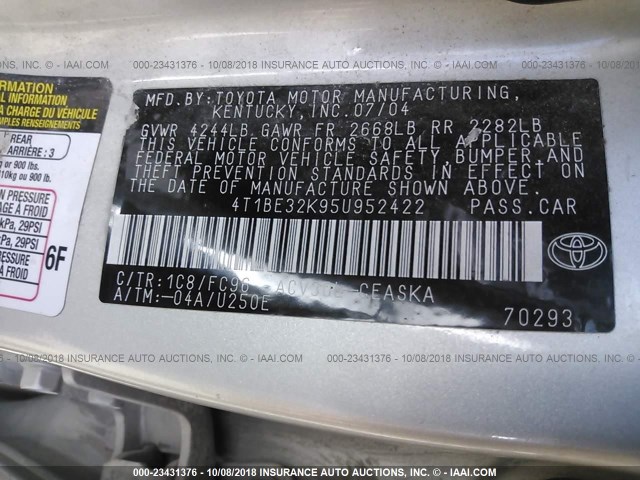 4T1BE32K95U952422 - 2005 TOYOTA CAMRY LE/XLE/SE SILVER photo 9