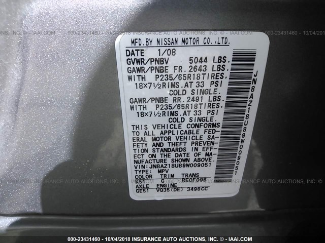 JN8AZ18U89W009051 - 2009 NISSAN MURANO S/SL GRAY photo 9