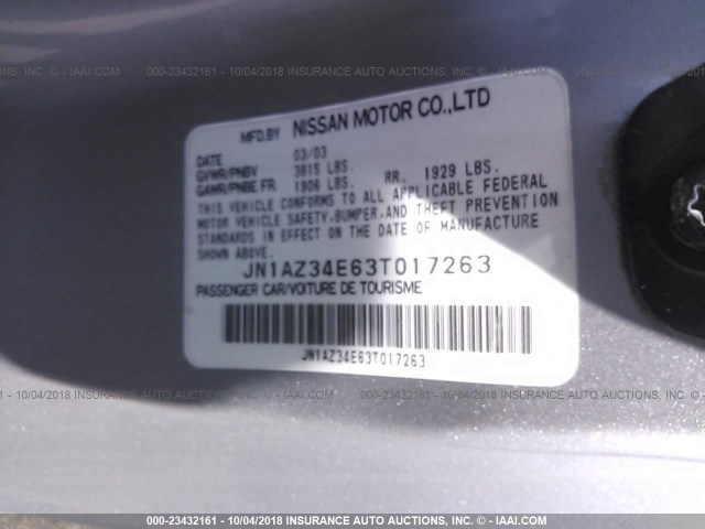 JN1AZ34E63T017263 - 2003 NISSAN 350Z COUPE SILVER photo 9