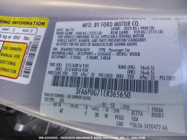 3FA6P0G71ER365650 - 2014 FORD FUSION S SILVER photo 9