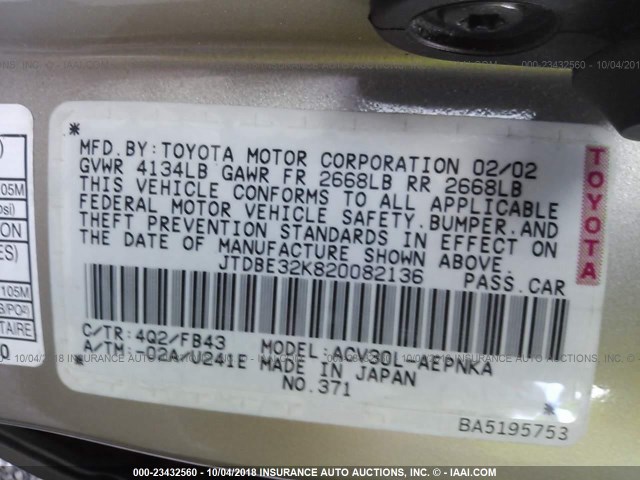 JTDBE32K820082136 - 2002 TOYOTA CAMRY LE/XLE/SE GOLD photo 9