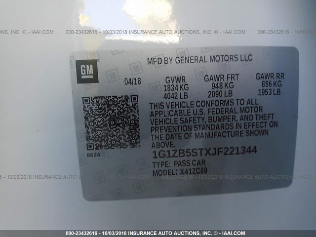 1G1ZB5STXJF221344 - 2018 CHEVROLET MALIBU LS 白色 照片 9