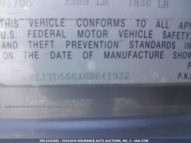 KL1TD566X6B641932 - 2006 CHEVROLET AVEO LS GRAY photo 9