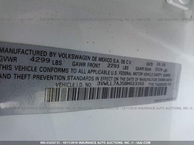 3VWLL7AJ5BM023355 - 2011 VOLKSWAGEN JETTA TDI WHITE photo 9