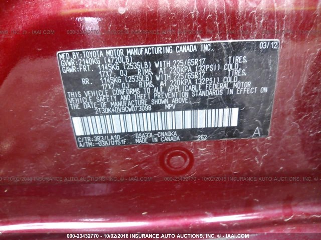 2T3DK4DV9CW073098 - 2012 TOYOTA RAV4 LIMITED RED photo 9