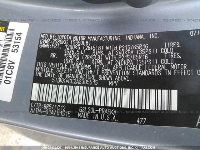 5TDKK4CC2AS305515 - 2010 TOYOTA SIENNA CE/LE BLUE photo 9