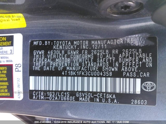 4T1BK1FK3CU004358 - 2012 TOYOTA CAMRY SE/XLE GRAY photo 9