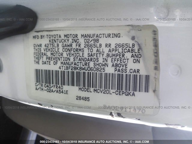 4T1BF28K8WU060825 - 1998 TOYOTA CAMRY CE/LE/XLE WHITE photo 9